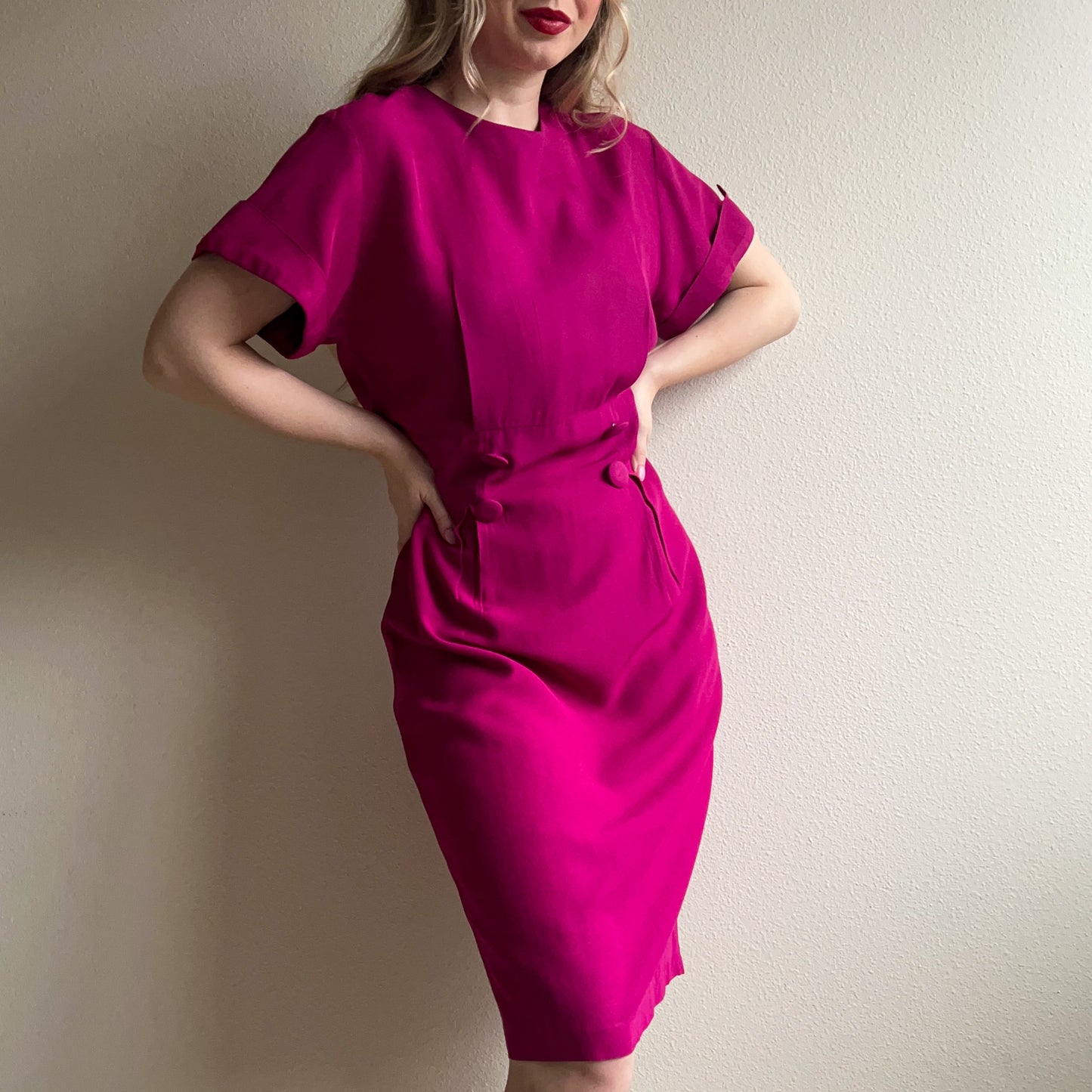 1980s Magenta Buttoned Work Dress (L)