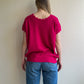 1980s Magenta Short Sleeve Sweater With Crochet Details (L/XL)