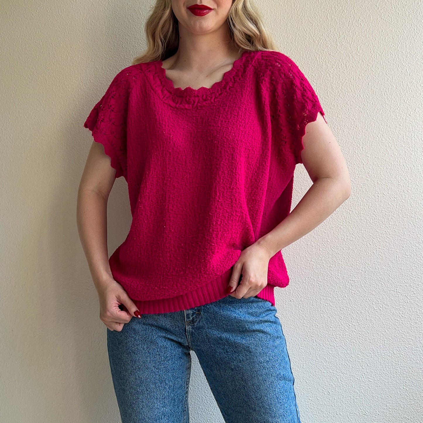 1980s Magenta Short Sleeve Sweater With Crochet Details (L/XL)
