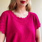 1980s Magenta Short Sleeve Sweater With Crochet Details (L/XL)