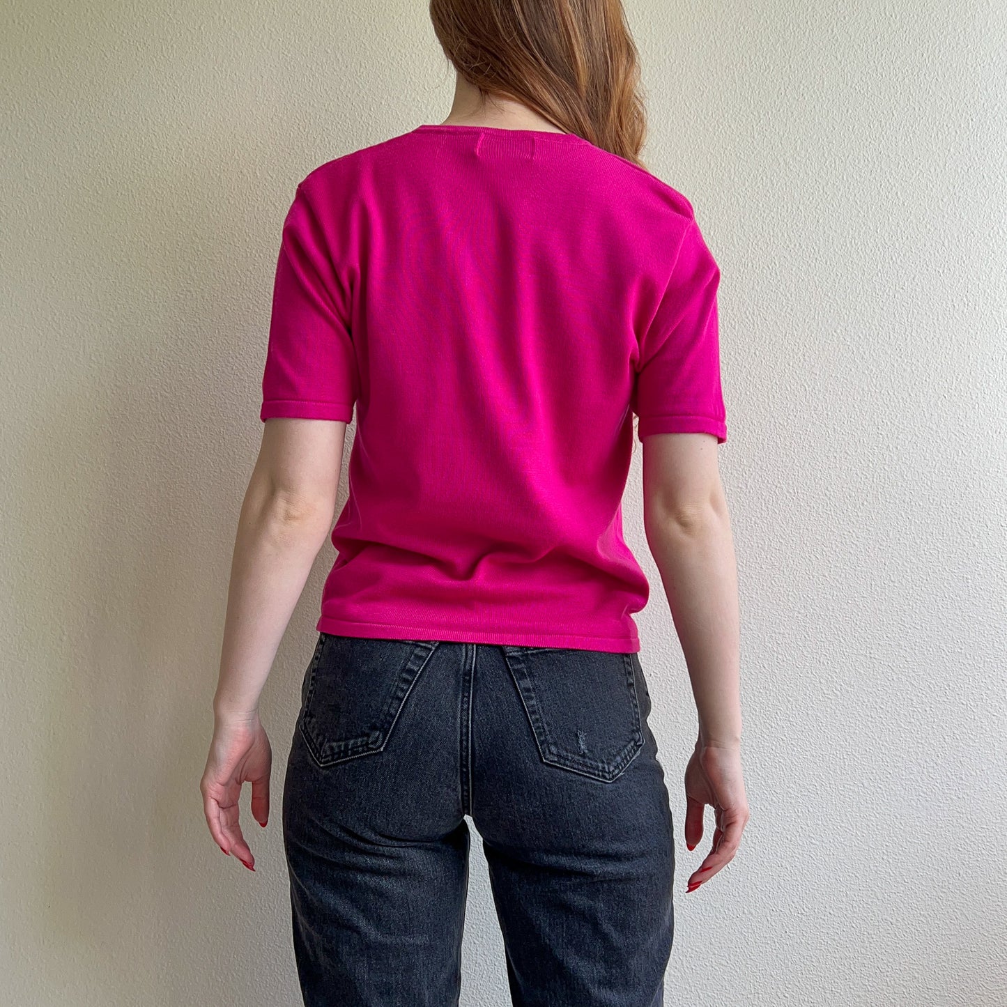 1980s Short Sleeve Magenta Sweater (S/M)