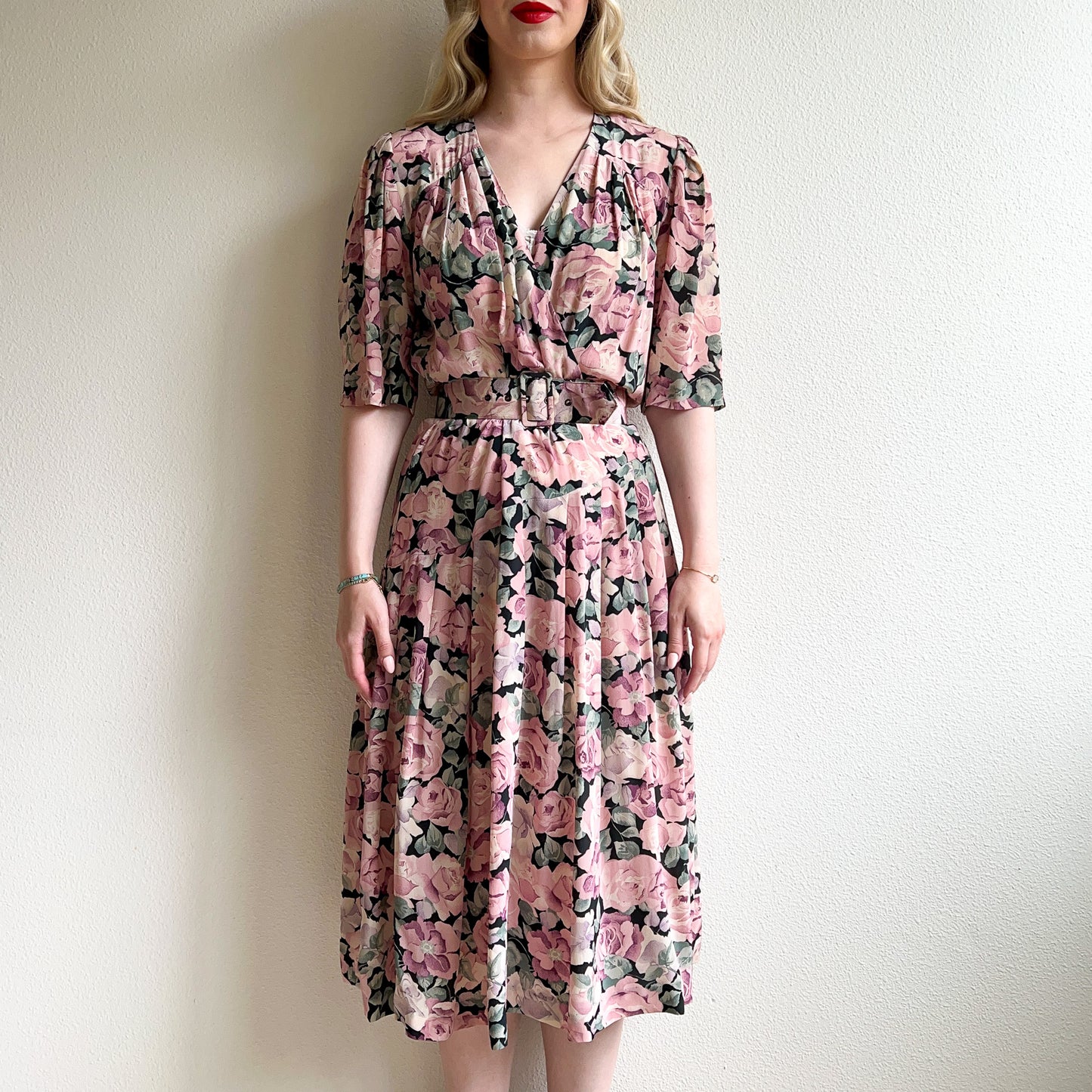 1980s Mauve Roses Belted Dress (M/L)