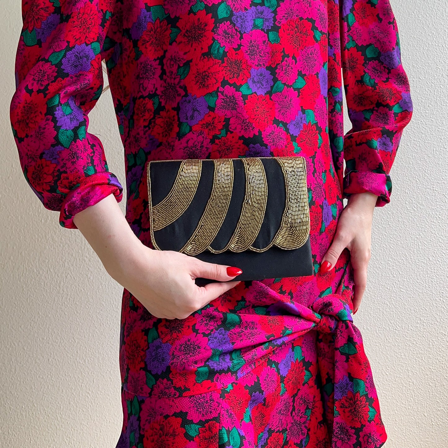 1980s Mervyn's Black Evening Bag With Gold Beading