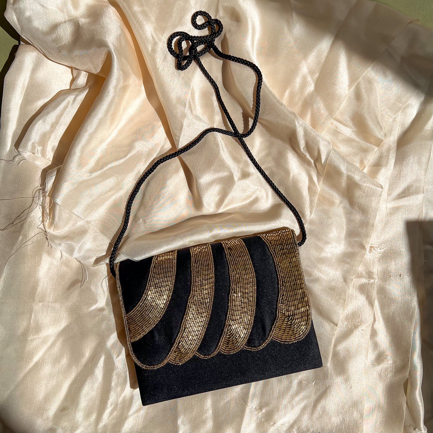 1980s Mervyn's Black Evening Bag With Gold Beading