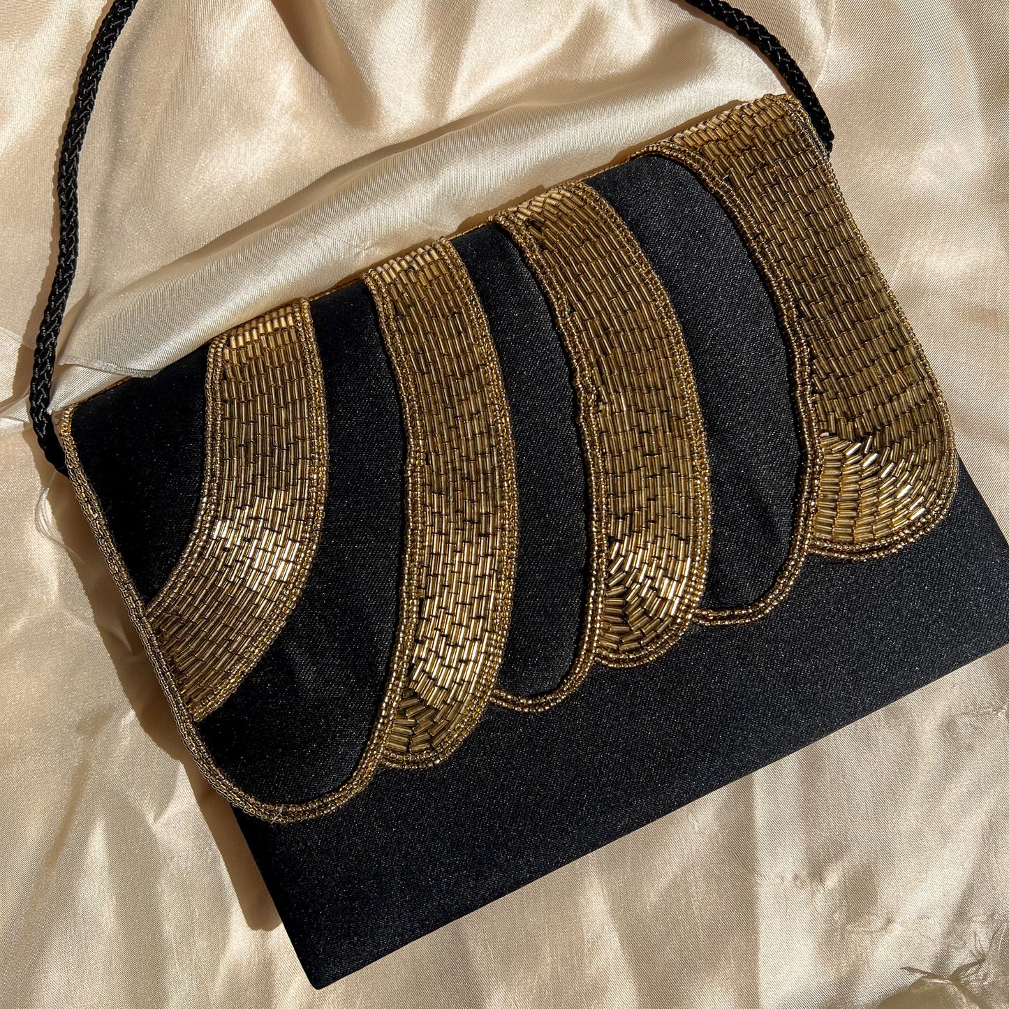 1980s Mervyn's Black Evening Bag With Gold Beading