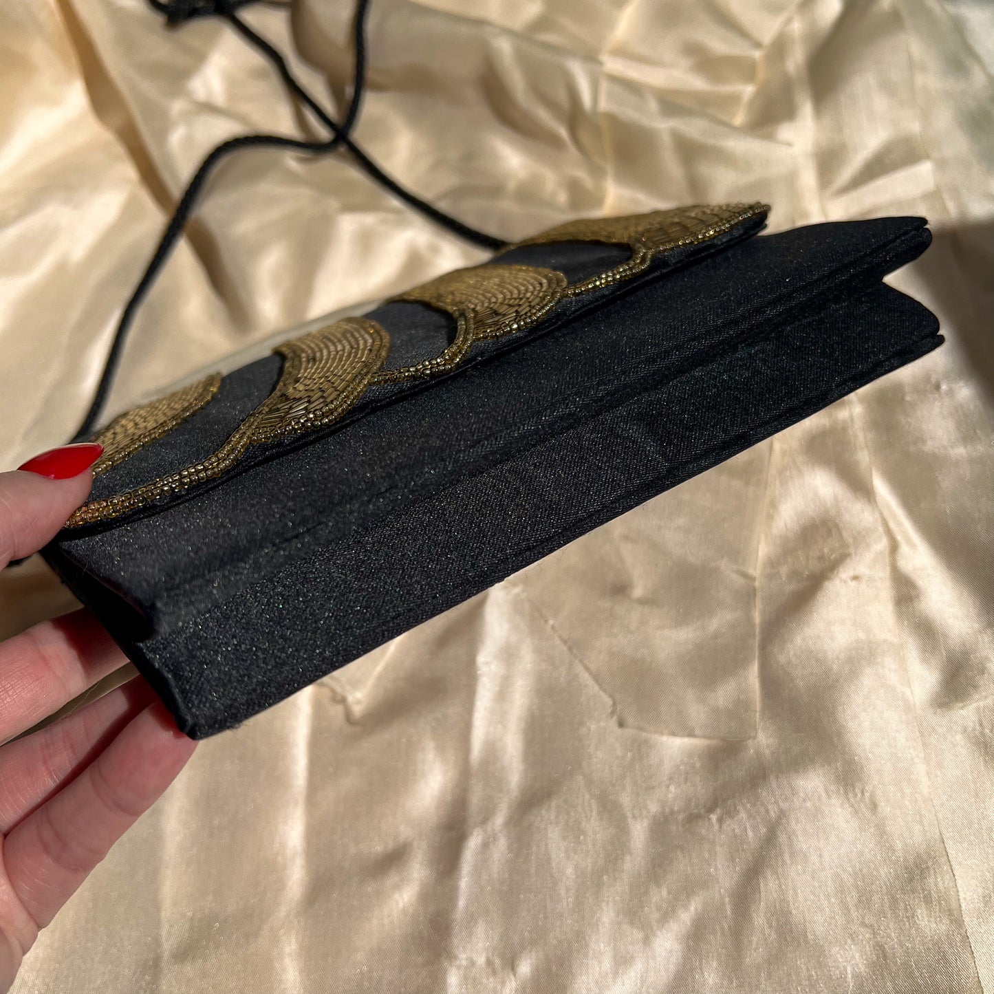 1980s Mervyn's Black Evening Bag With Gold Beading