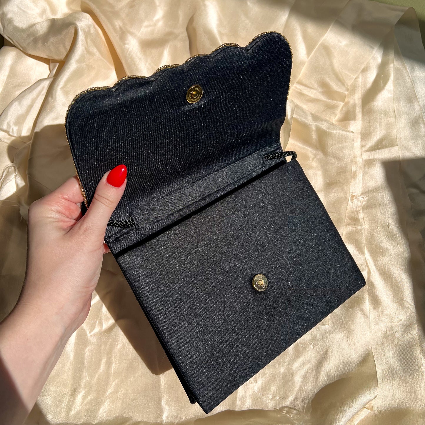 1980s Mervyn's Black Evening Bag With Gold Beading
