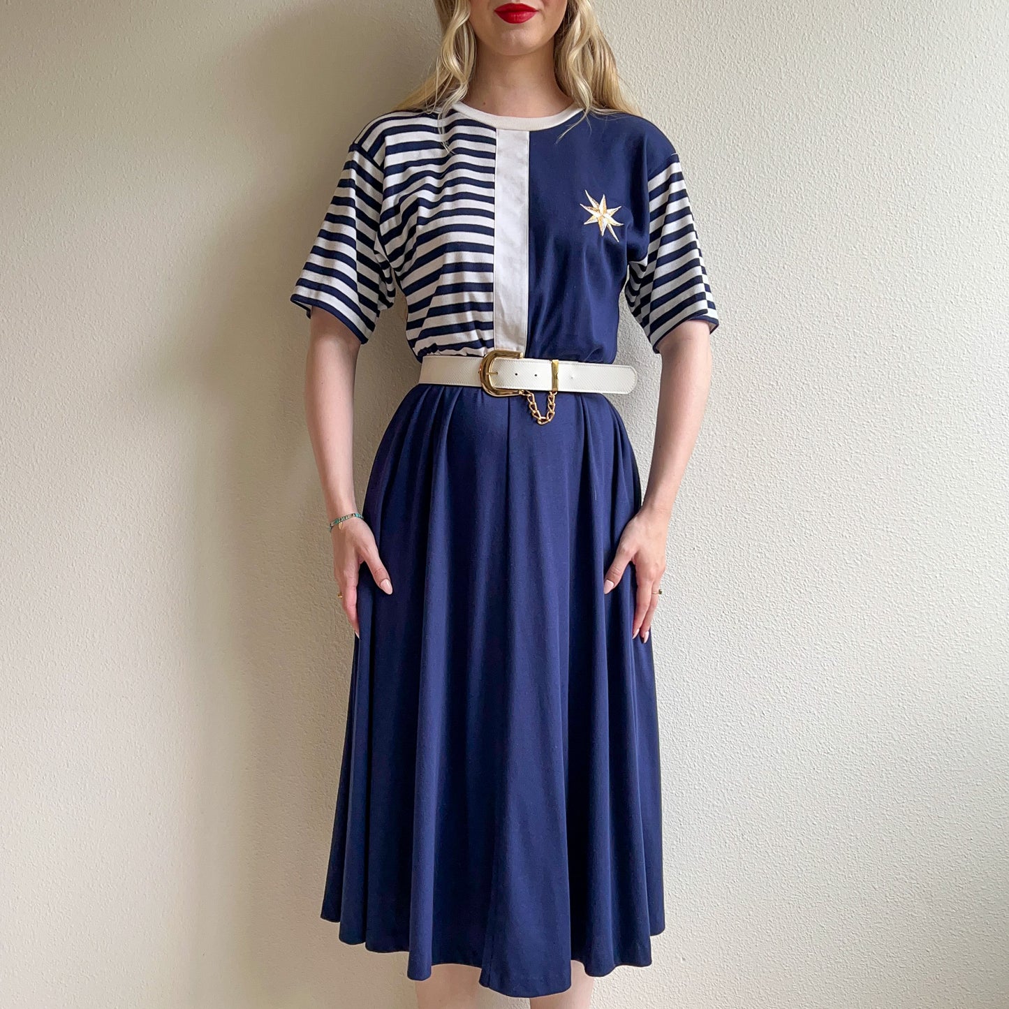 1980s Nautical Stripes Belted Dress (M/L)