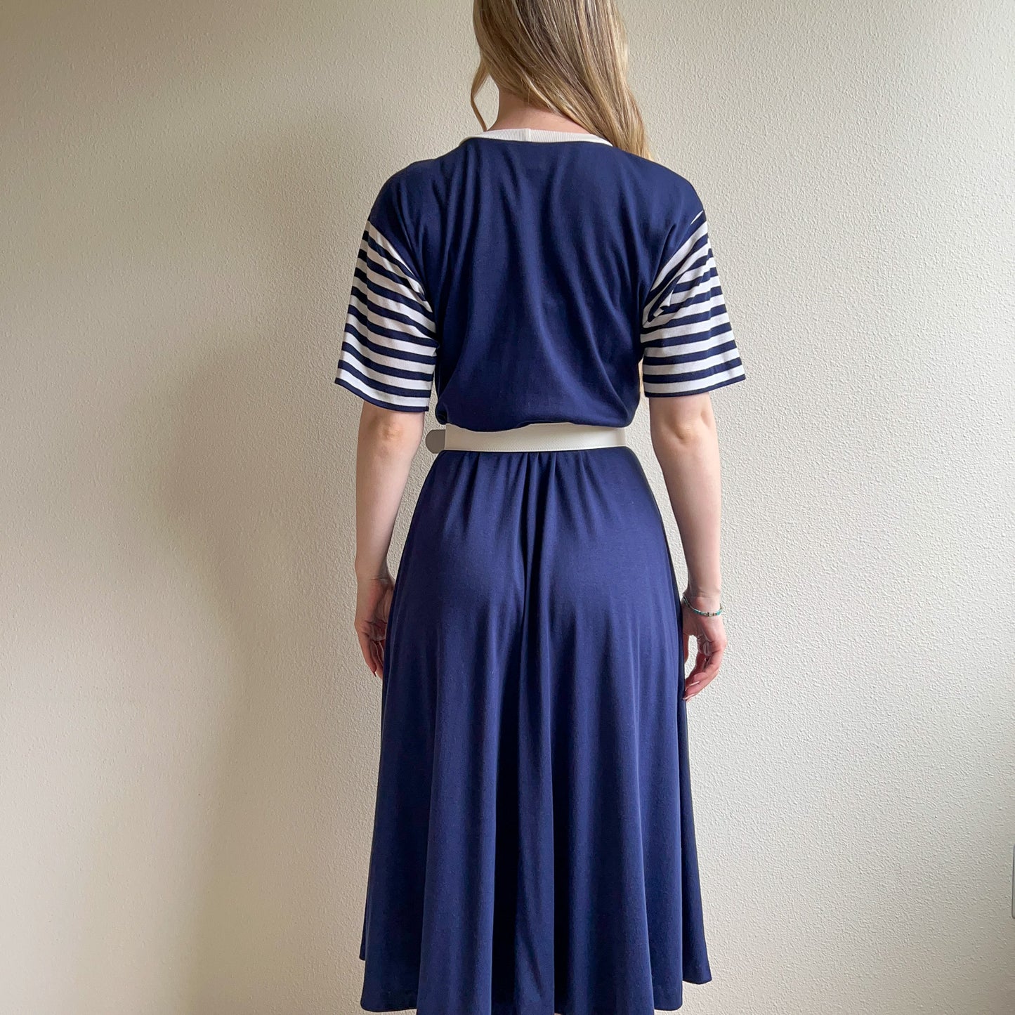 1980s Nautical Stripes Belted Dress (M/L)