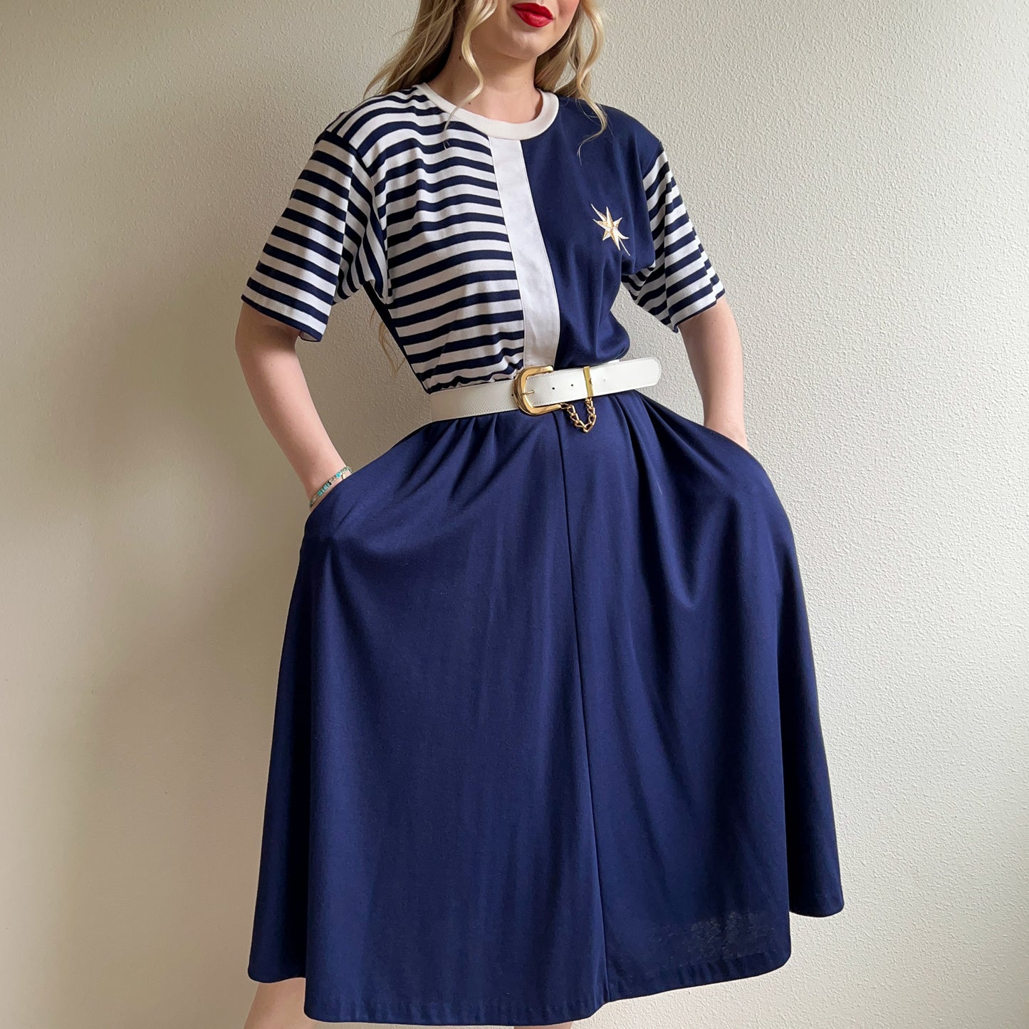 1980s Nautical Stripes Belted Dress (M/L)