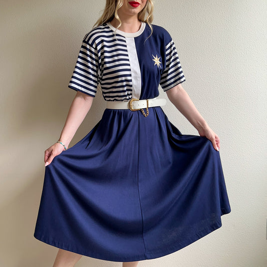 1980s Nautical Stripes Belted Dress (M/L)