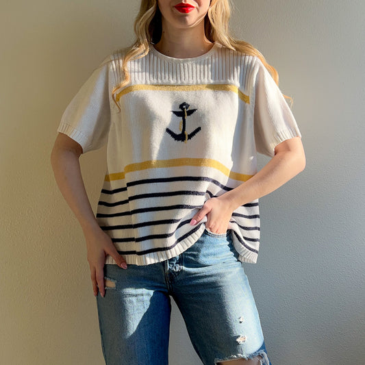 1990s Short Sleeve Striped Nautical Sweater (L/XL)