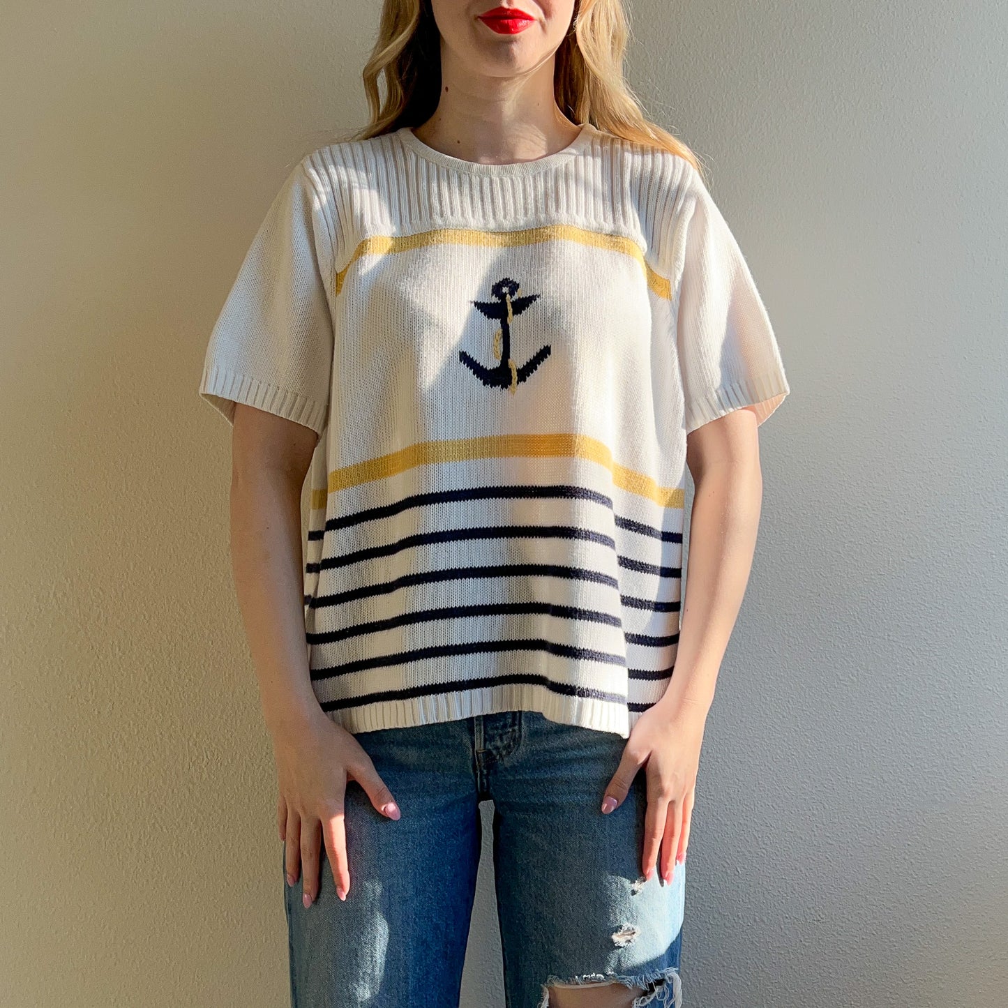 1990s Short Sleeve Striped Nautical Sweater (L/XL)