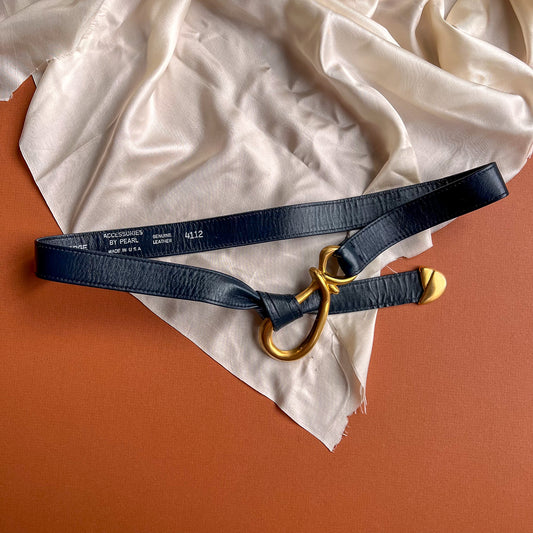 1980s Navy Leather Belt With Gold Knot (M/L)
