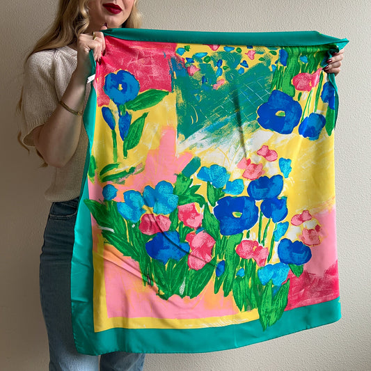 1980s Painterly Spring Florals Silk Scarf