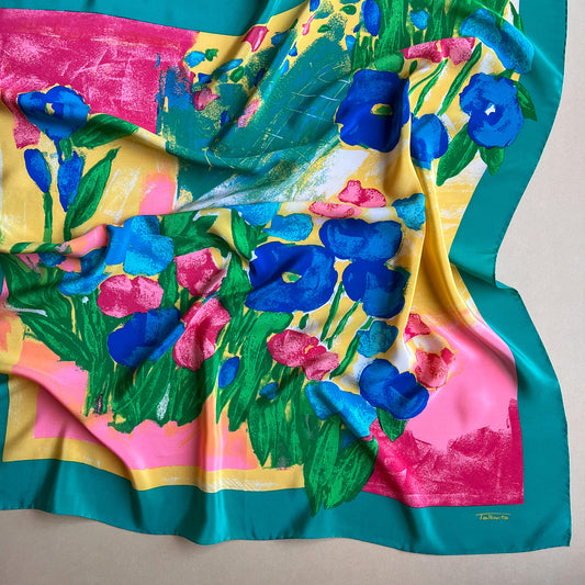 1980s Painterly Spring Florals Silk Scarf