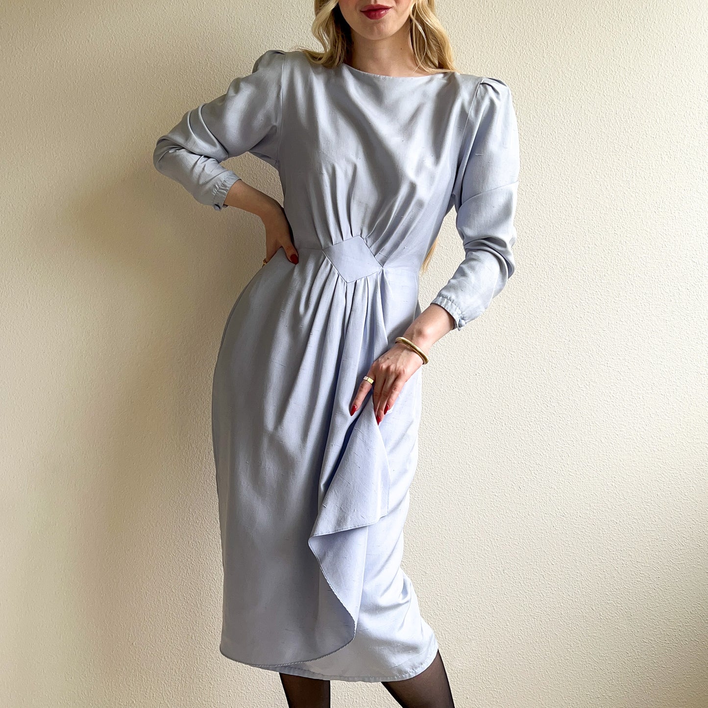 1980s Pale Blue Long Sleeve Silk Dress (L/XL)