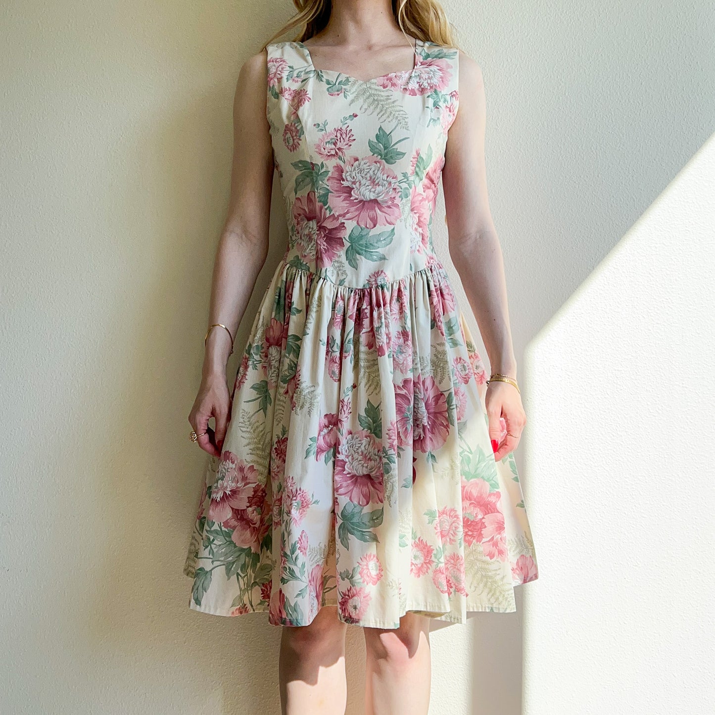 1980s Pink Floral Cotton Party Dress With Bow (S/M)