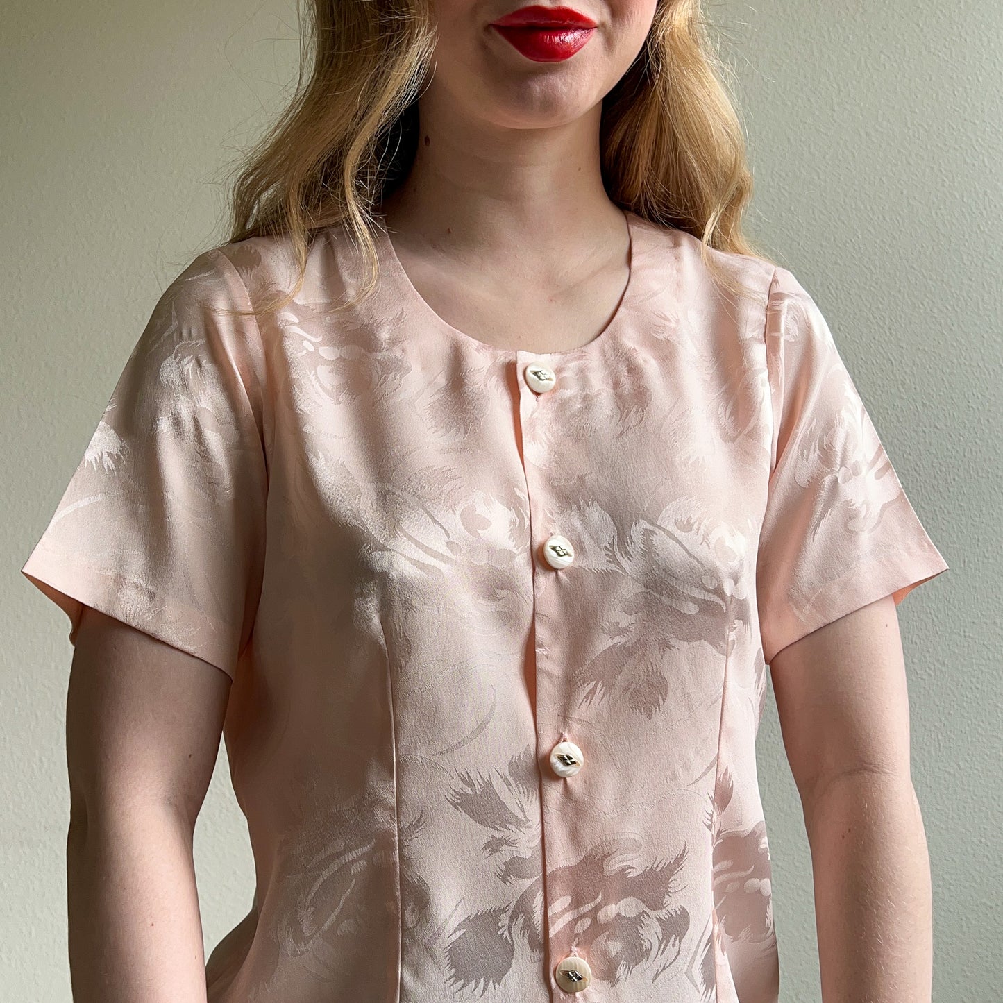 1980s Pink Silk Jacquard Short Sleeve Blouse (S/M)