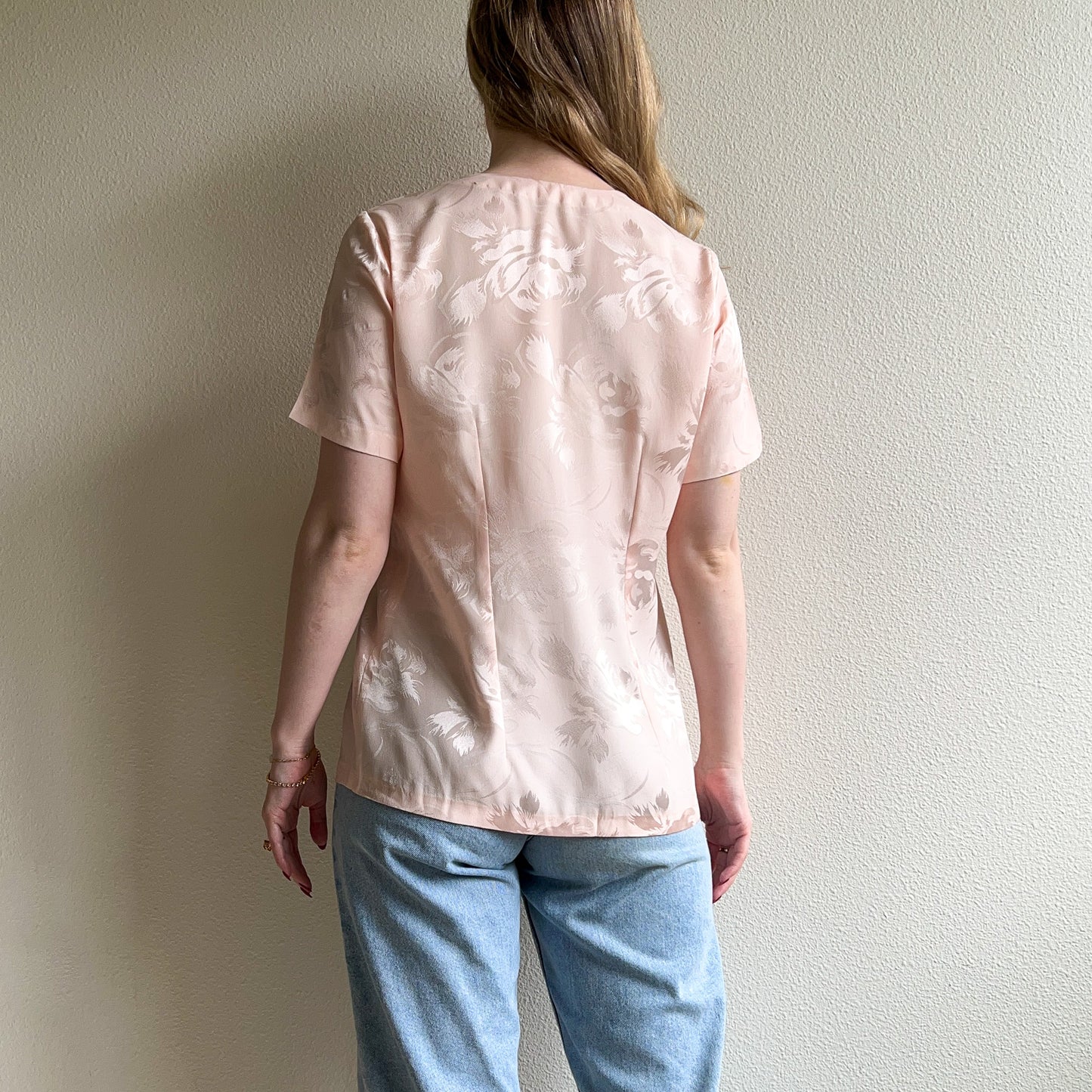 1980s Pink Silk Jacquard Short Sleeve Blouse (S/M)