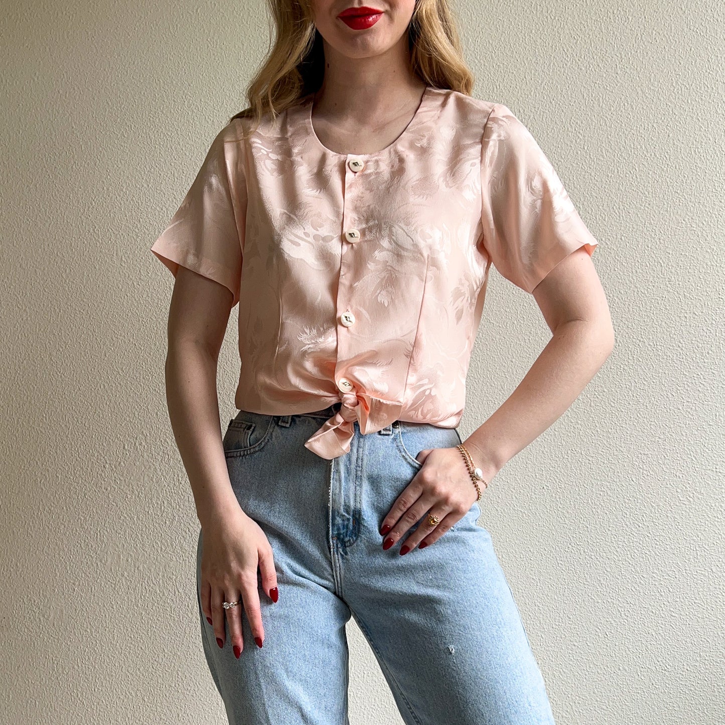 1980s Pink Silk Jacquard Short Sleeve Blouse (S/M)