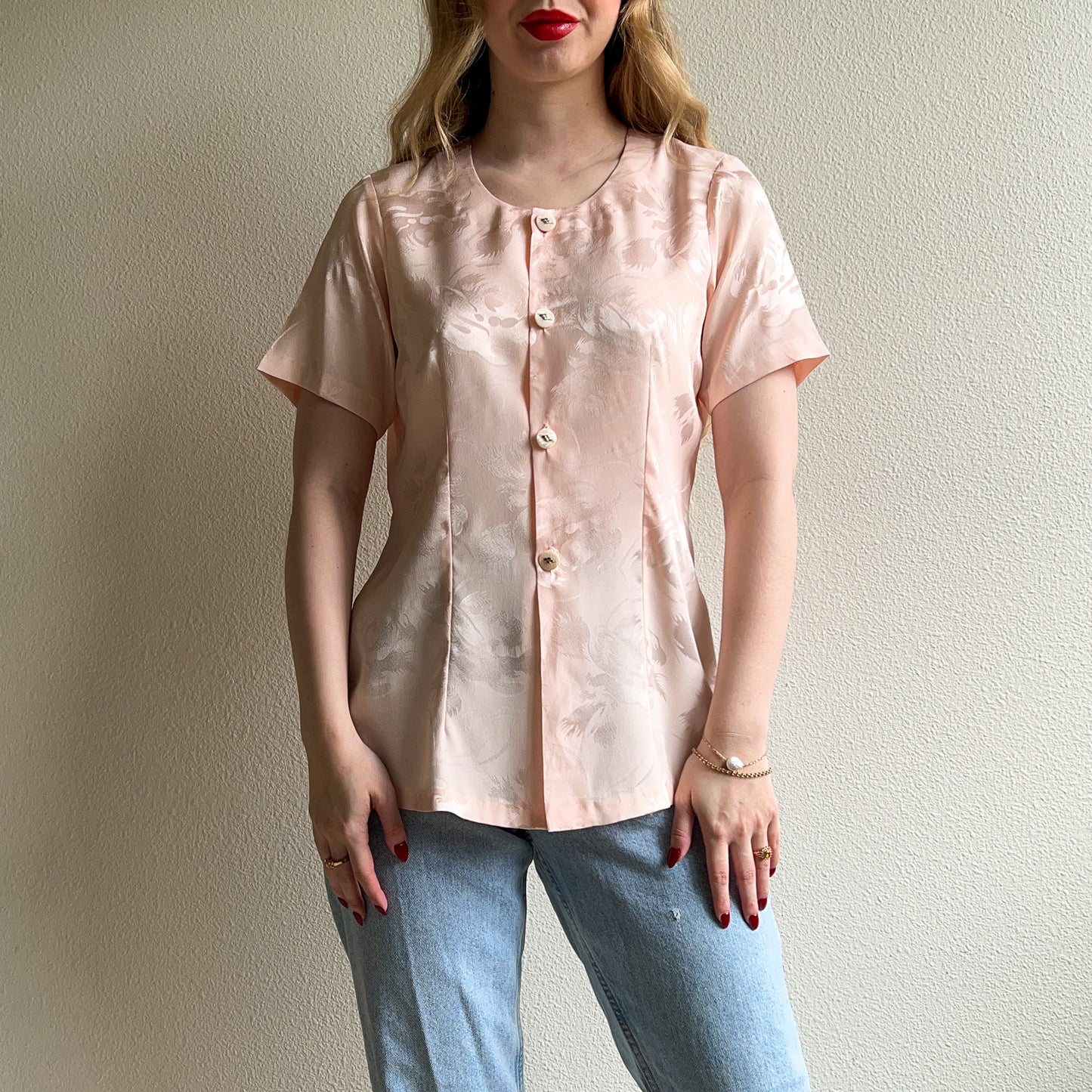 1980s Pink Silk Jacquard Short Sleeve Blouse (S/M)