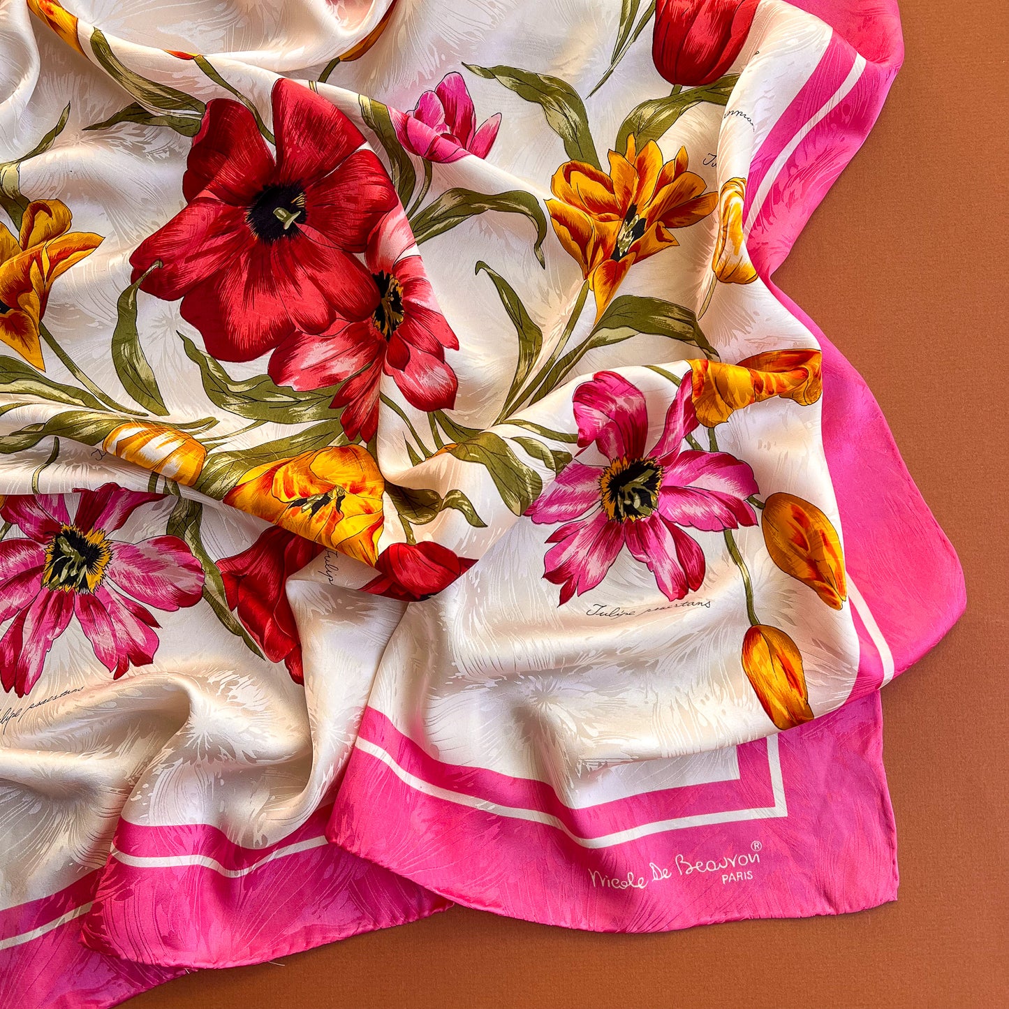 1980s Ivory Silk Jacquard Scarf With Pink Tulips
