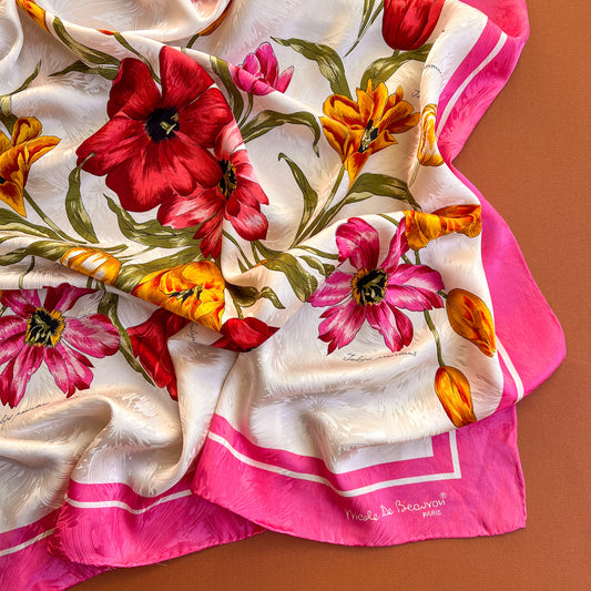 1980s Ivory Silk Jacquard Scarf With Pink Tulips