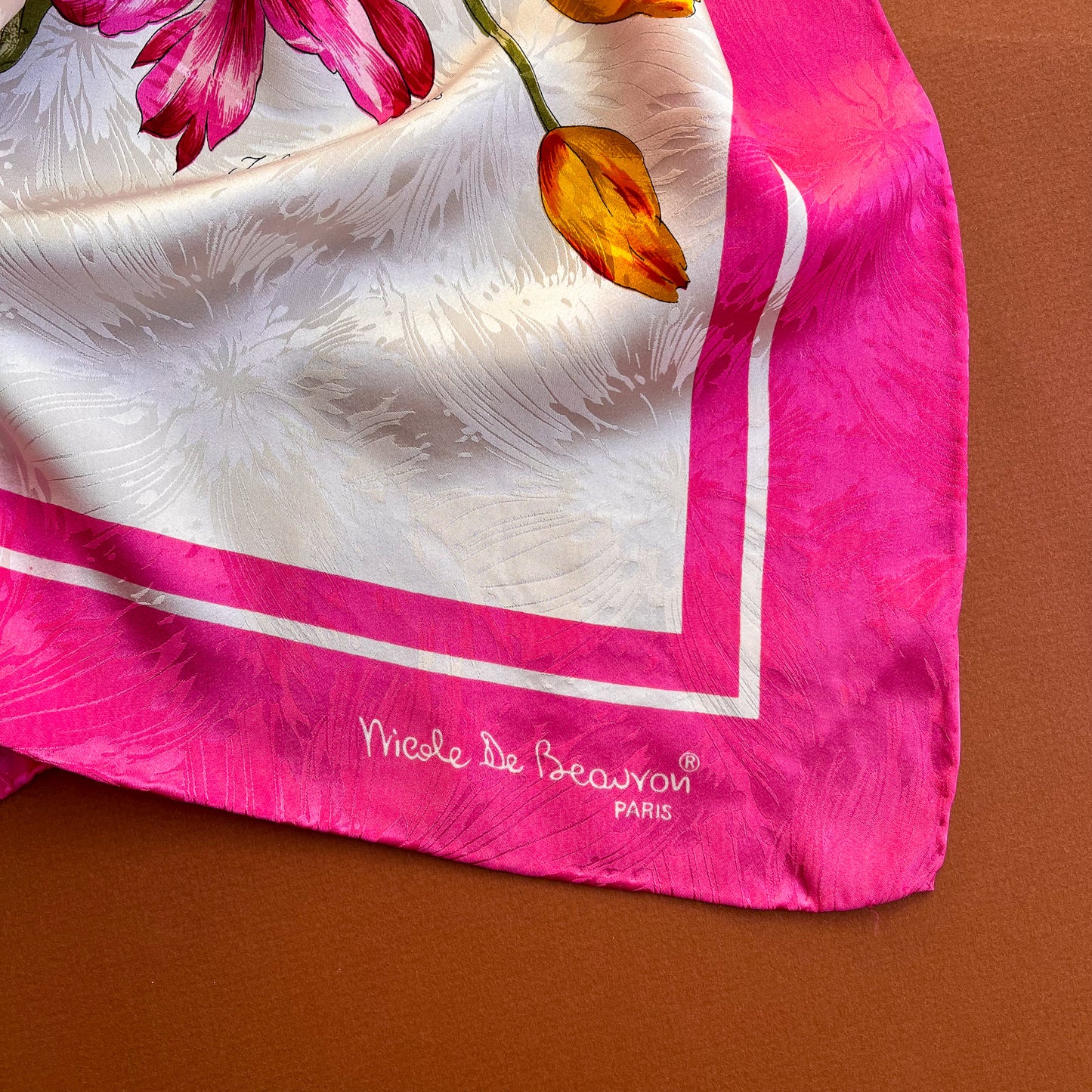 1980s Ivory Silk Jacquard Scarf With Pink Tulips