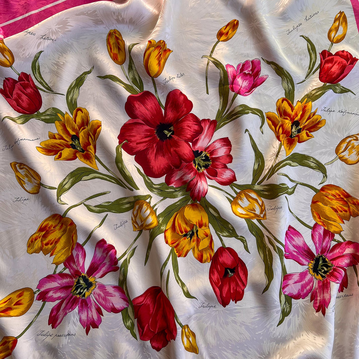 1980s Ivory Silk Jacquard Scarf With Pink Tulips