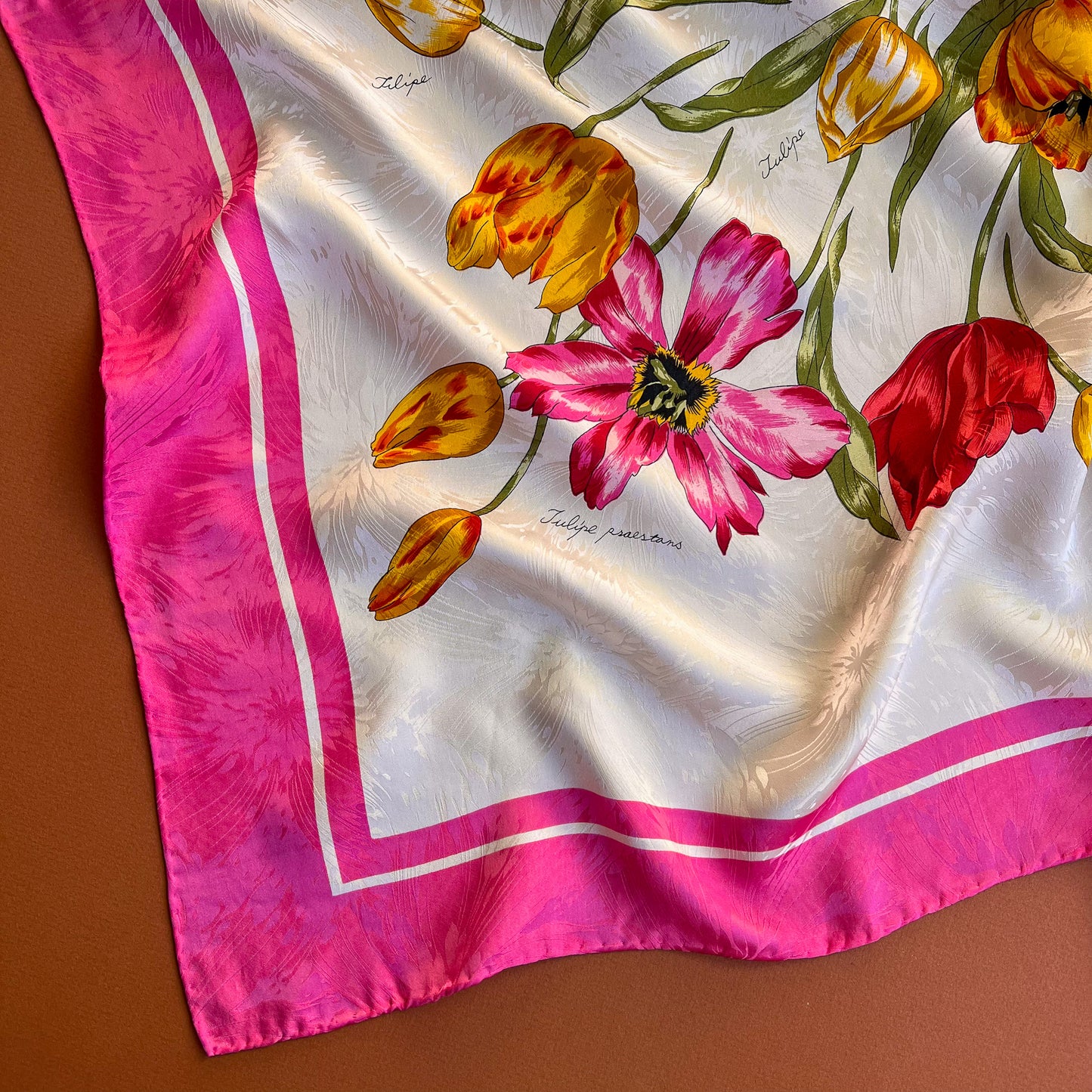 1980s Ivory Silk Jacquard Scarf With Pink Tulips