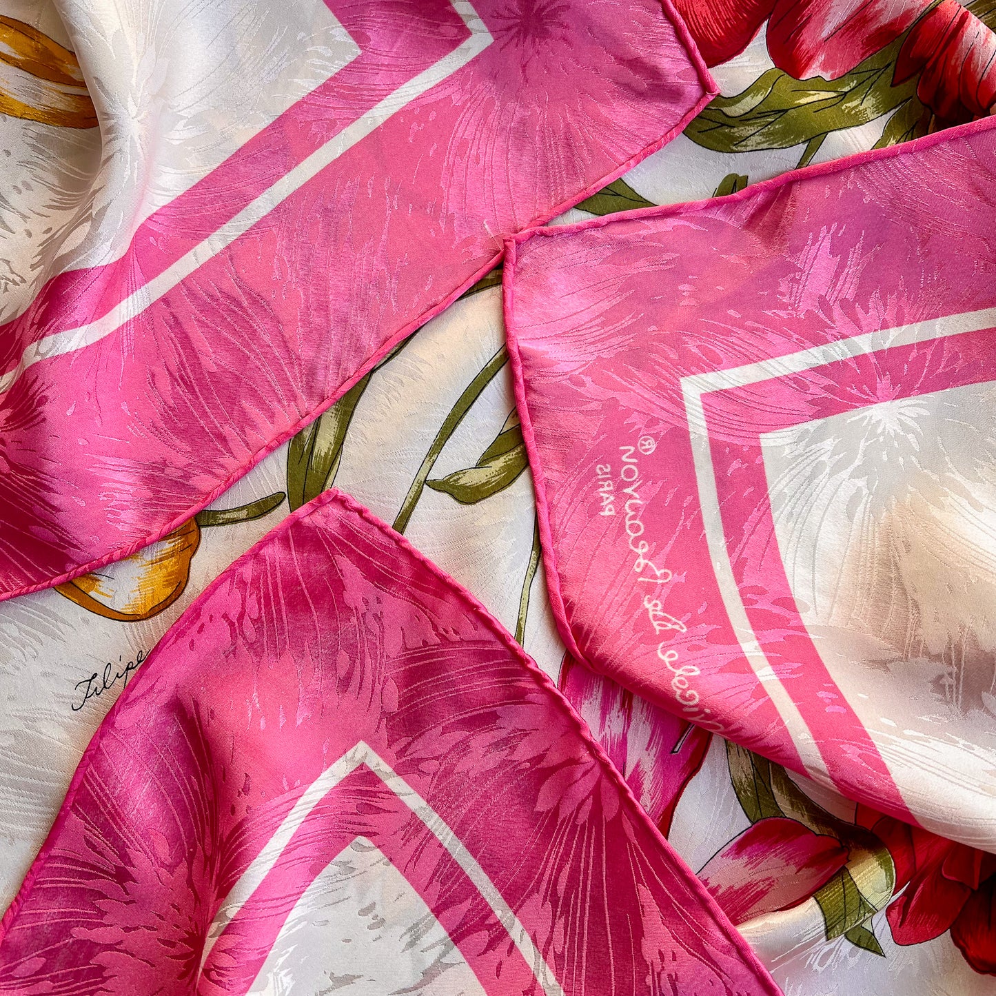 1980s Ivory Silk Jacquard Scarf With Pink Tulips