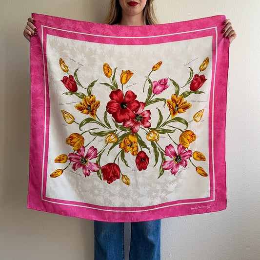 1980s Ivory Silk Jacquard Scarf With Pink Tulips
