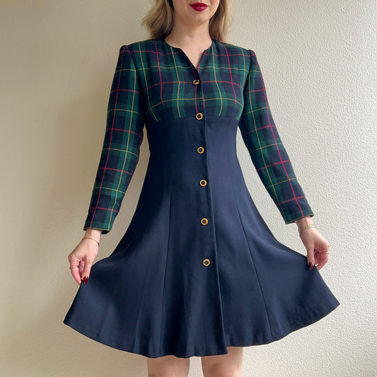 1980s Plaid Buttoned Dress With Navy Skirt (XS/S)