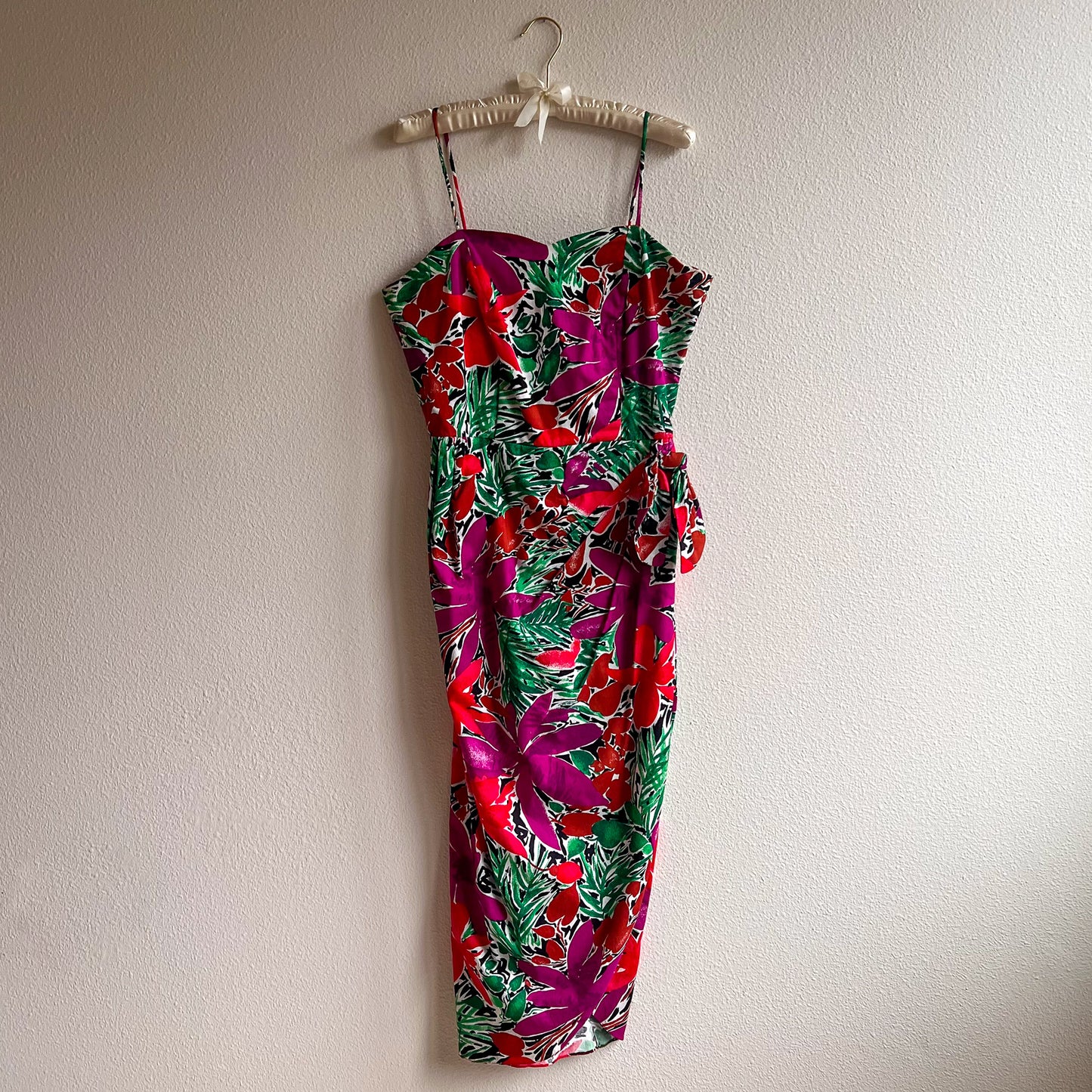 Gorgeous 1980s Purple and Green Print Summer Dress (L)