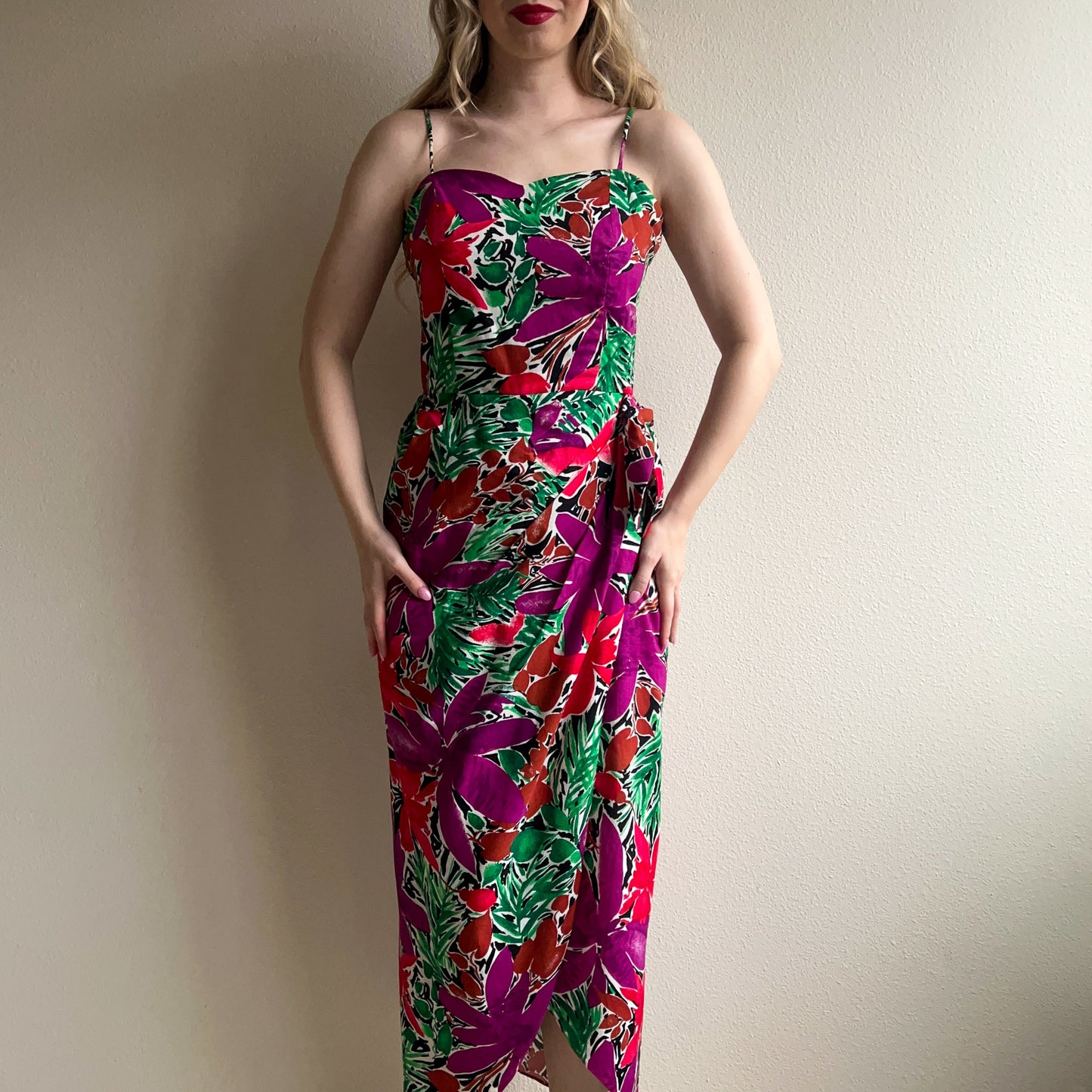 Gorgeous 1980s Purple and Green Print Summer Dress (L)