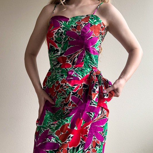 Gorgeous 1980s Purple and Green Print Summer Dress (L)
