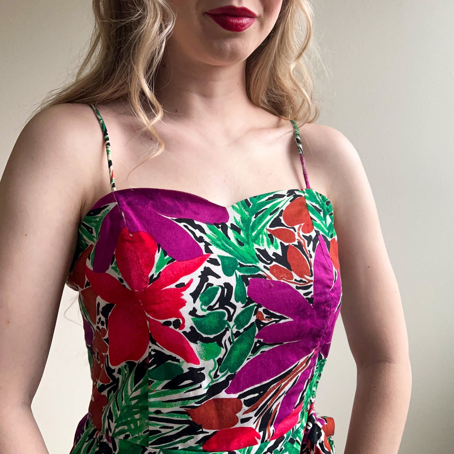 Gorgeous 1980s Purple and Green Print Summer Dress (L)