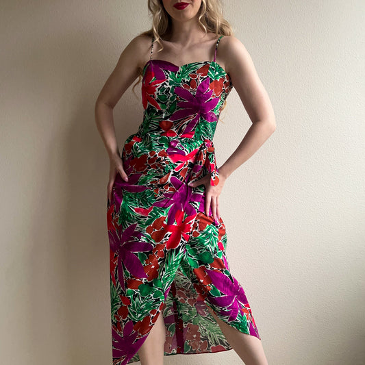 Gorgeous 1980s Purple and Green Print Summer Dress (L)