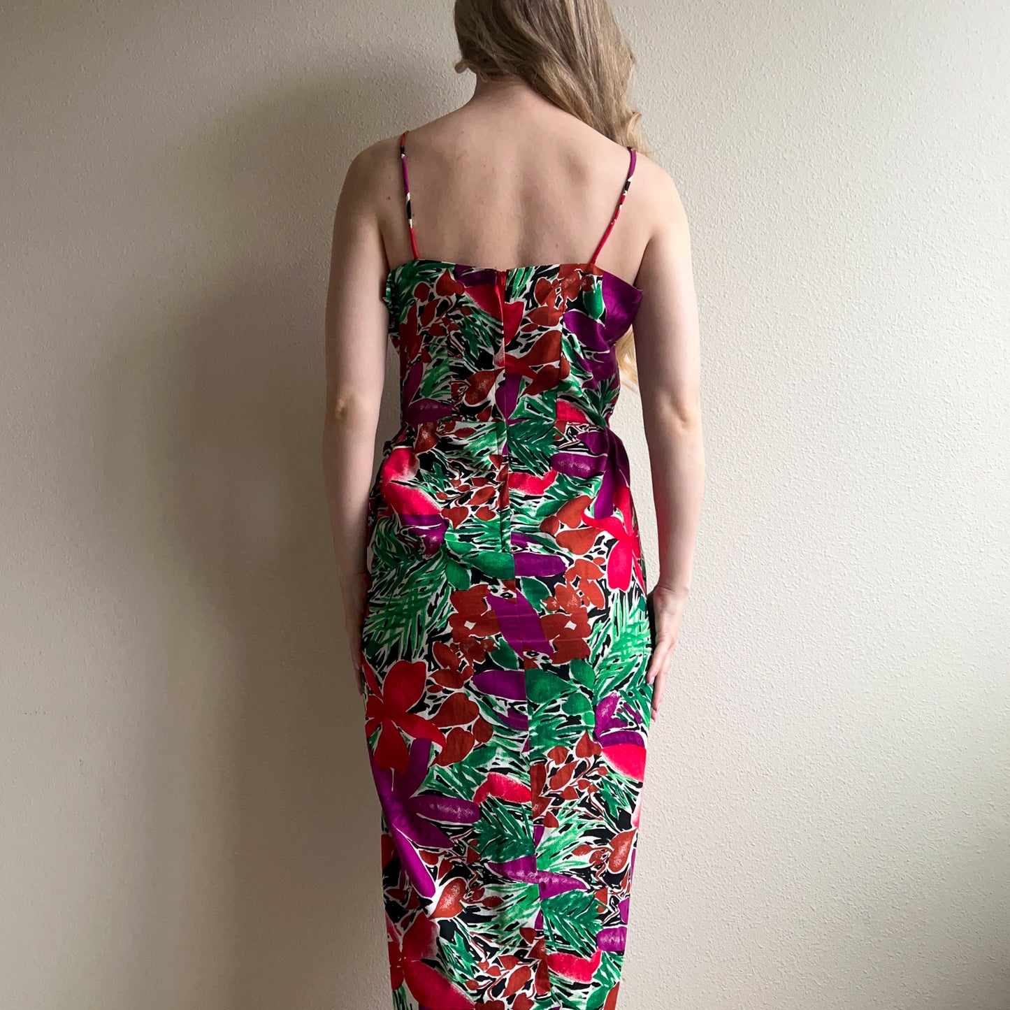 Gorgeous 1980s Purple and Green Print Summer Dress (L)