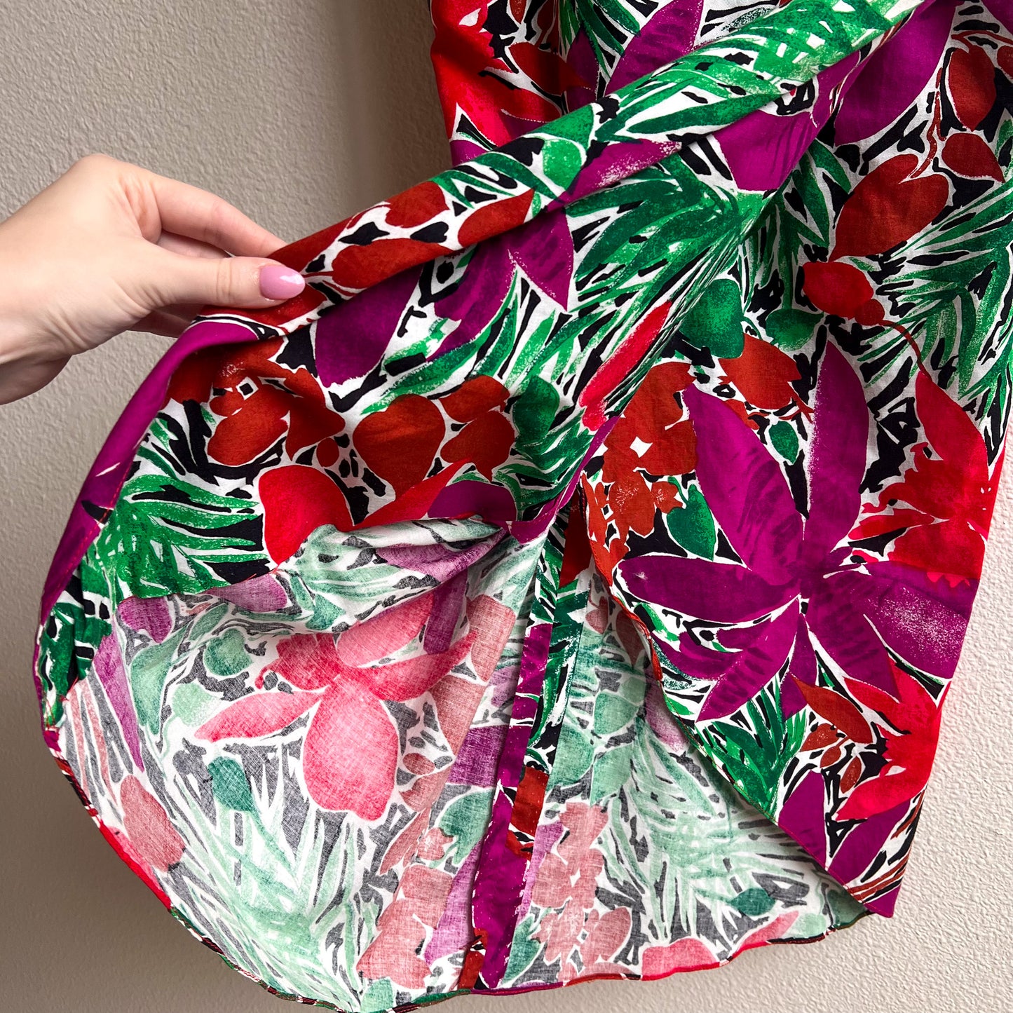 Gorgeous 1980s Purple and Green Print Summer Dress (L)