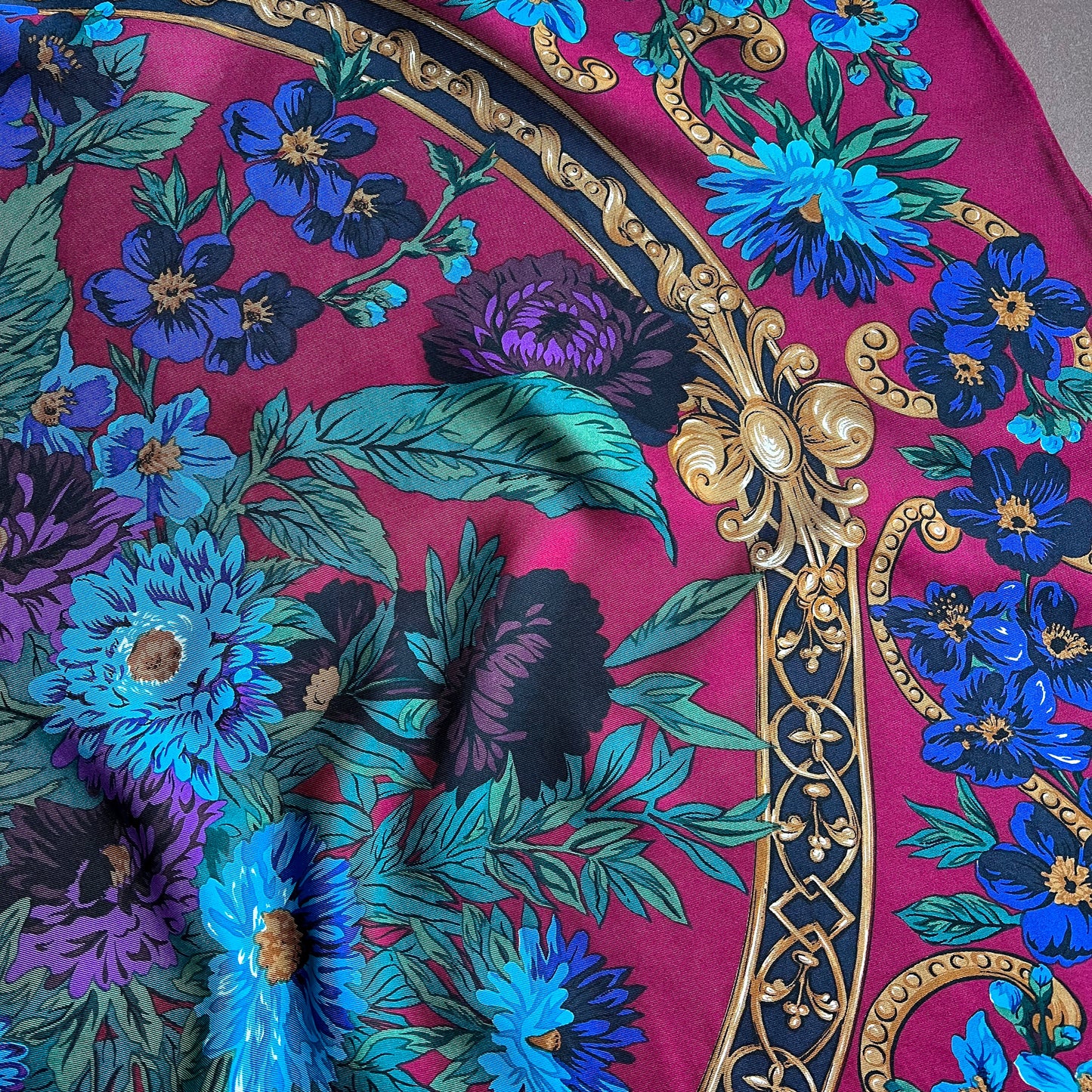 1980s Purple and Blue Flowers Mixed With Ornate Details Scarf
