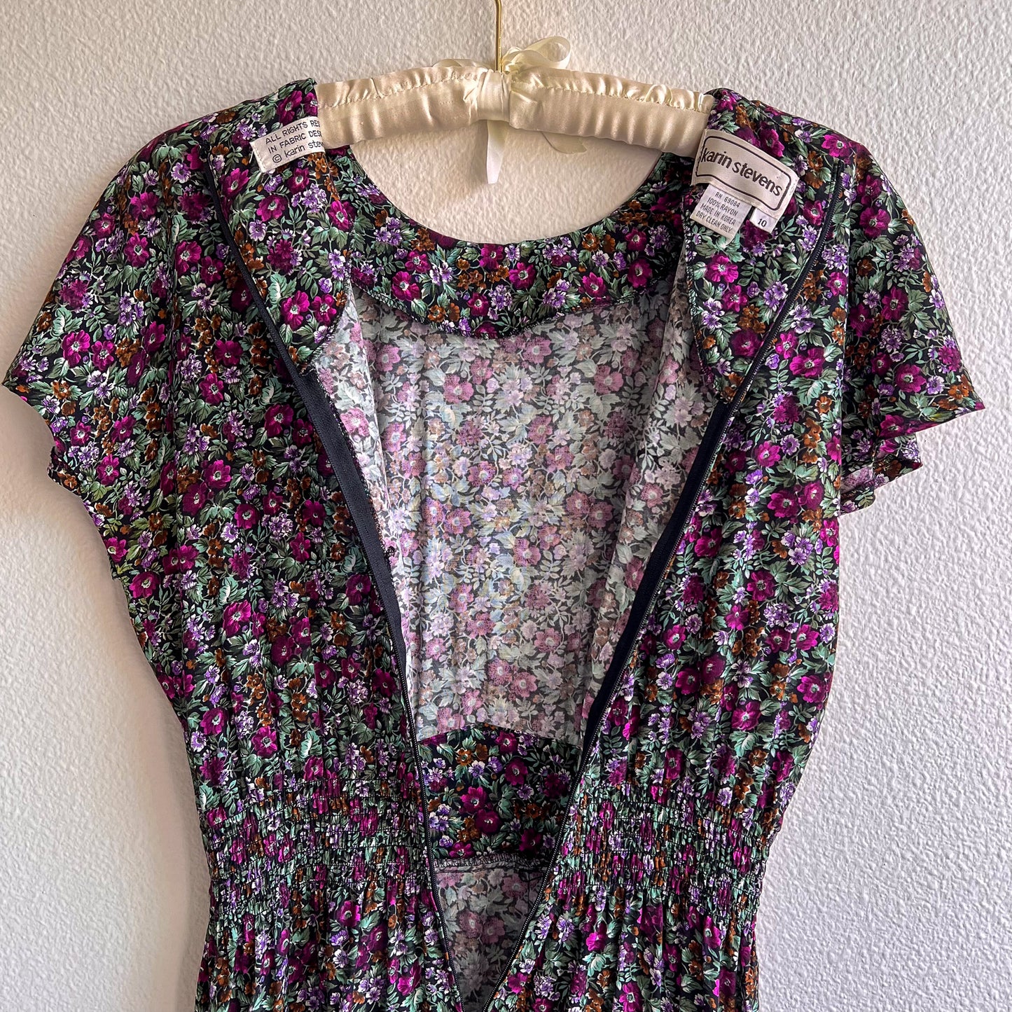 1980s Purple Floral Print Dress With Pockets (S/M)