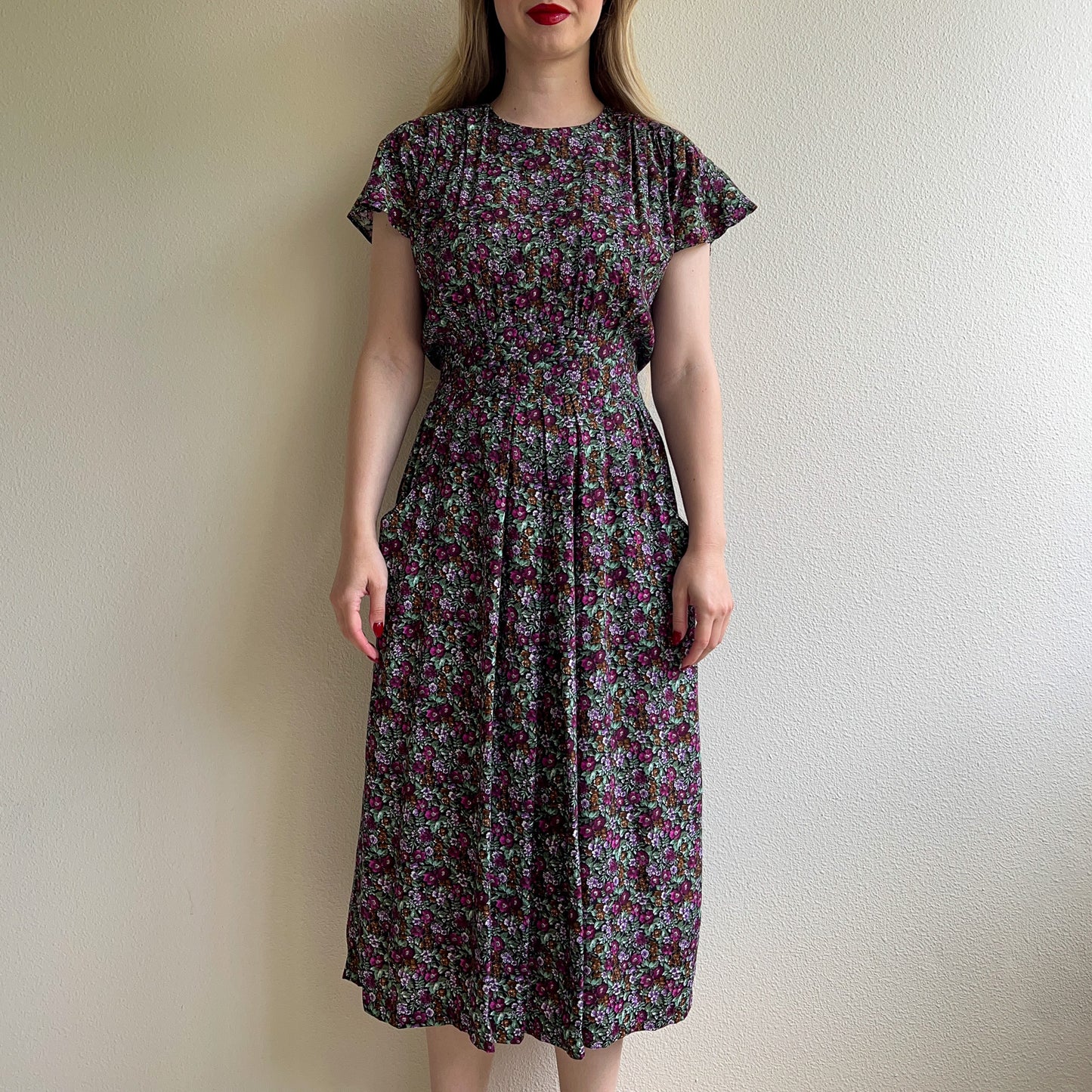1980s Purple Floral Print Dress With Pockets (S/M)