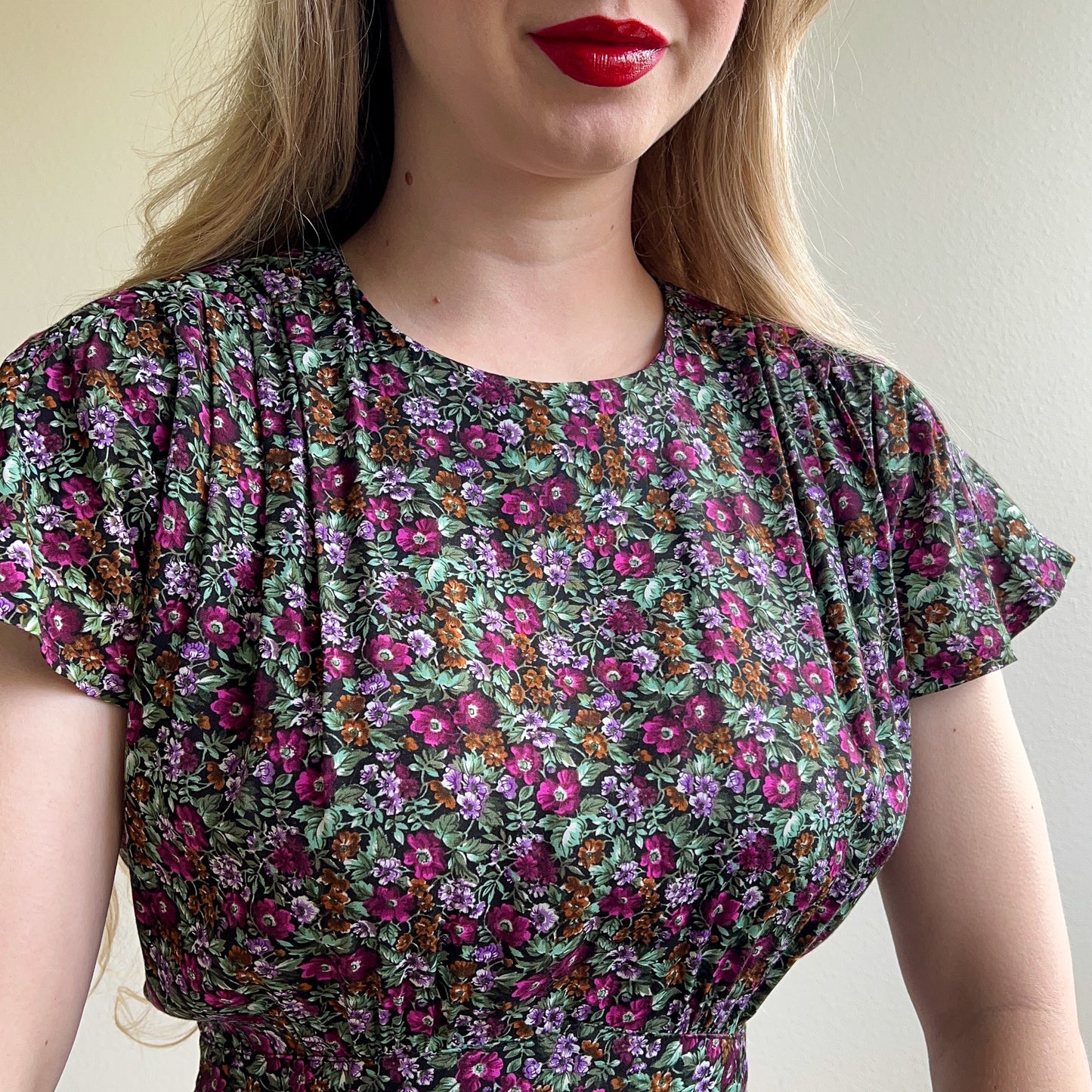 1980s Purple Floral Print Dress With Pockets (S/M)