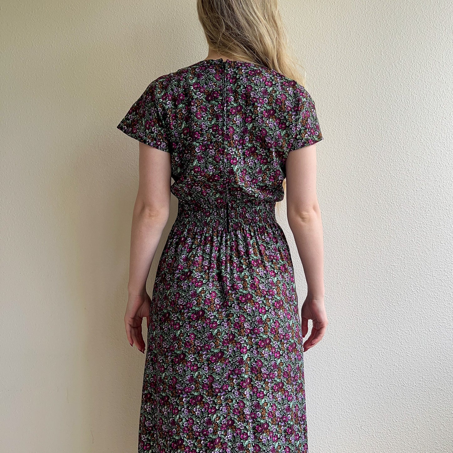 1980s Purple Floral Print Dress With Pockets (S/M)