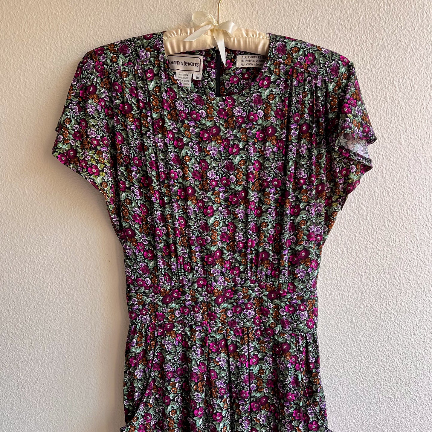 1980s Purple Floral Print Dress With Pockets (S/M)