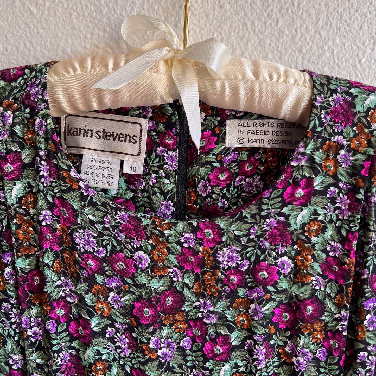1980s Purple Floral Print Dress With Pockets (S/M)
