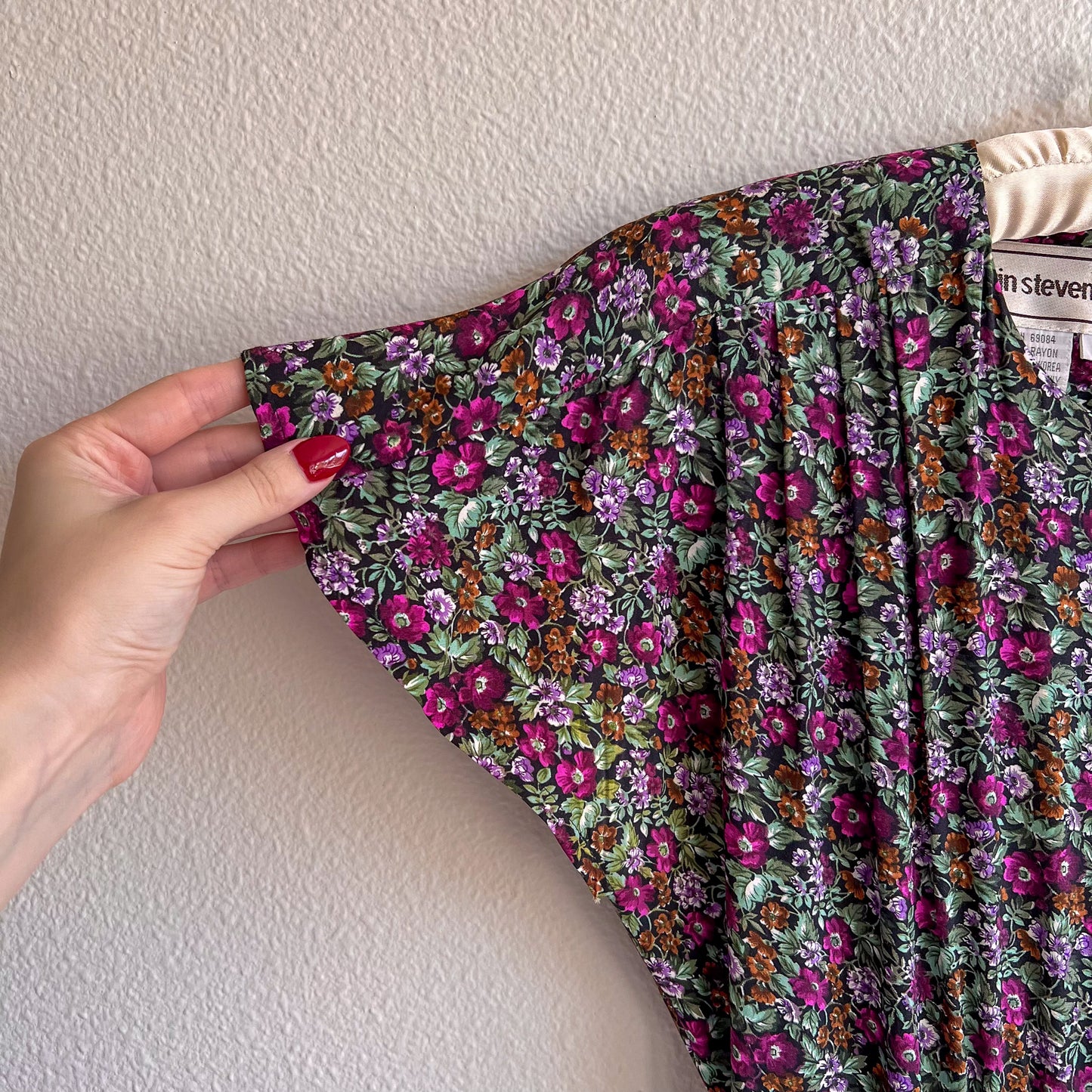 1980s Purple Floral Print Dress With Pockets (S/M)