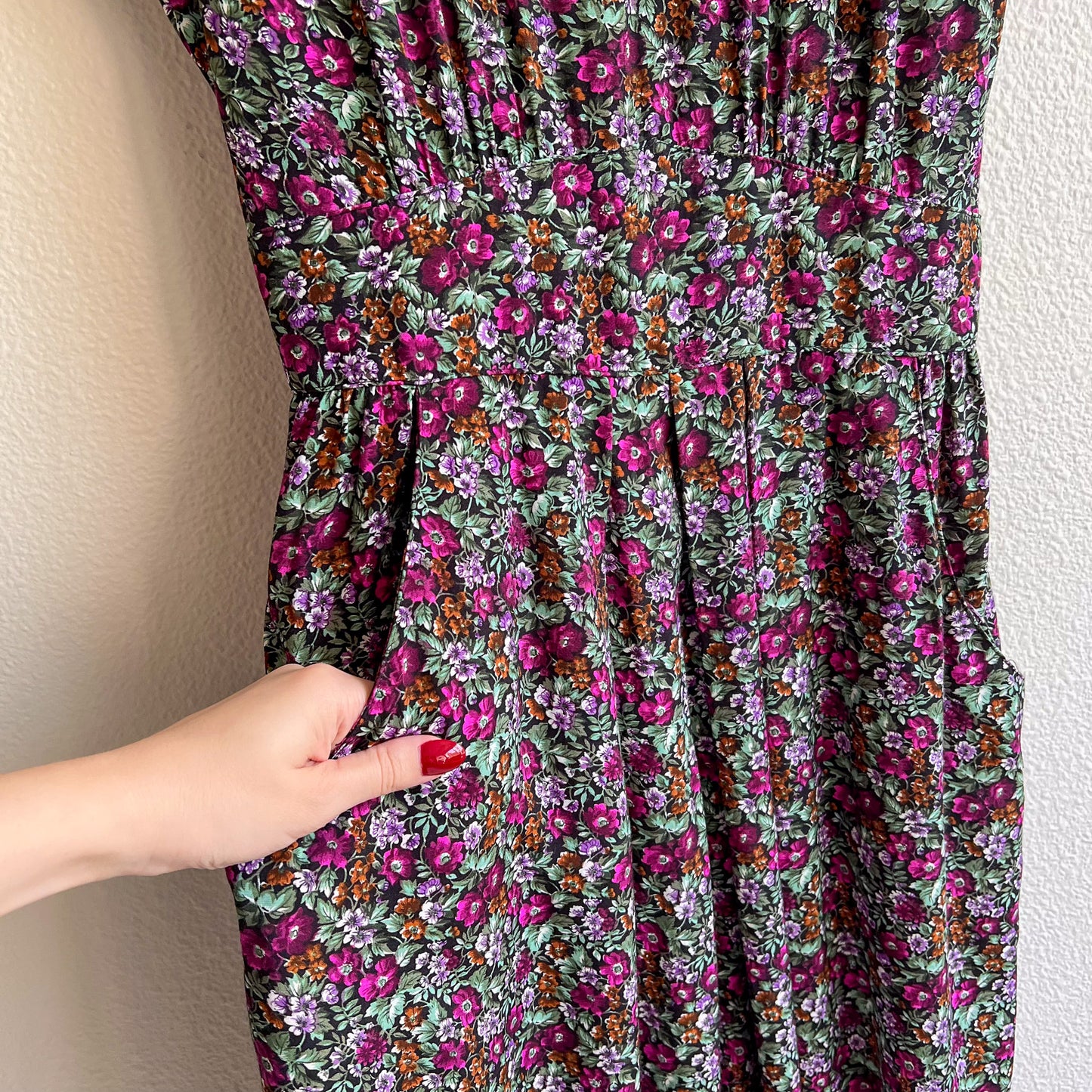 1980s Purple Floral Print Dress With Pockets (S/M)